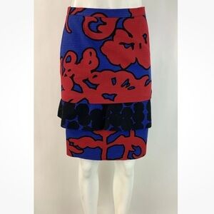Moschino Blue and Red A-Line Patterned Skirt with Black Trim